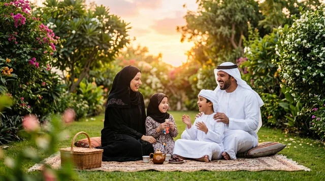 Arab Family Picnic in Lush Garden at Sunset Golden Hour