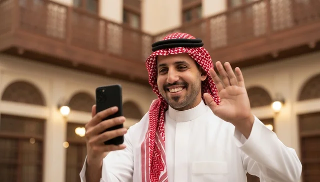 Saudi Man in Traditional Thobe Video Call on Smartphone