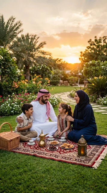 عائلة عربية في نزهة بالحديقة وقت الغروب