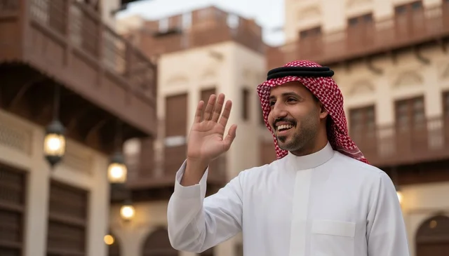 Saudi Man in Traditional Dress Waving in Old Town