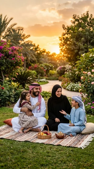 Arab Family Traditional Picnic in Garden at Sunset