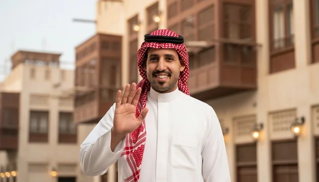 رجل سعودي بالزي التقليدي يلوح بيده في موقع تراثي