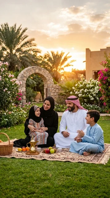 عائلة عربية تستمتع بنزهة في حديقة غناء وقت الغروب