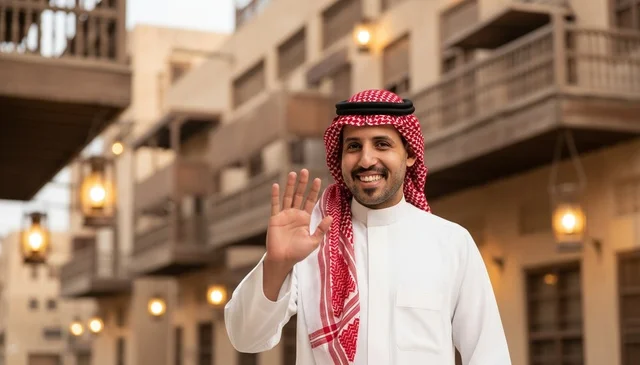 رجل سعودي يرحب في قرية تراثية تقليدية