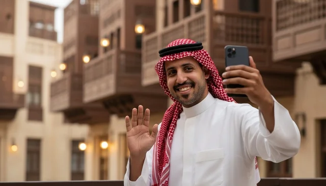 رجل سعودي باللباس التقليدي يلوح للهاتف في منطقة تراثية