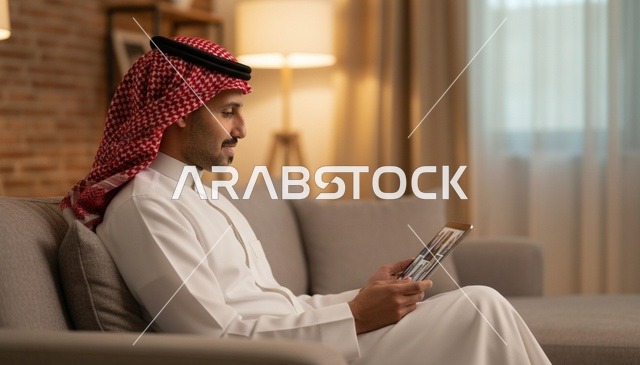 رجل سعودي يستخدم جهاز لوحي في غرفة المعيشة