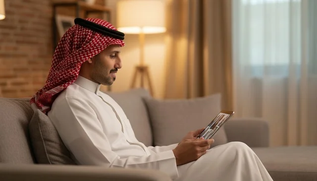Saudi Man Using Digital Tablet in Living Room