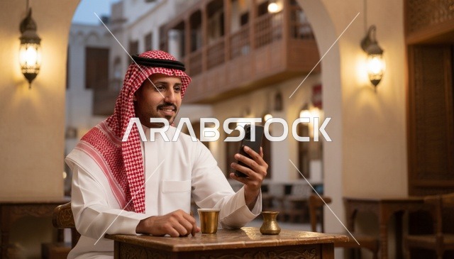 رجل سعودي يستخدم الهاتف الذكي في مقهى شعبي تراثي