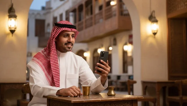 رجل سعودي يستخدم الهاتف الذكي في مقهى شعبي تراثي