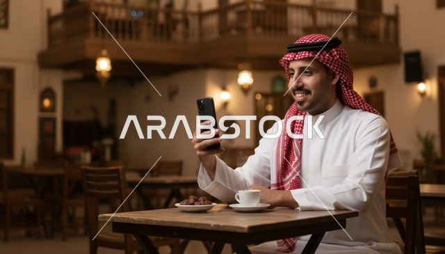 Saudi Man Using Smartphone in Traditional Cafe