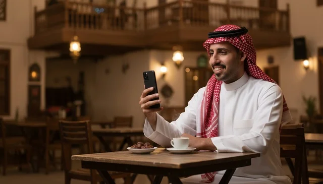 Saudi Man Using Smartphone in Traditional Cafe Saudi Man Using Smartphone in Traditional Cafe