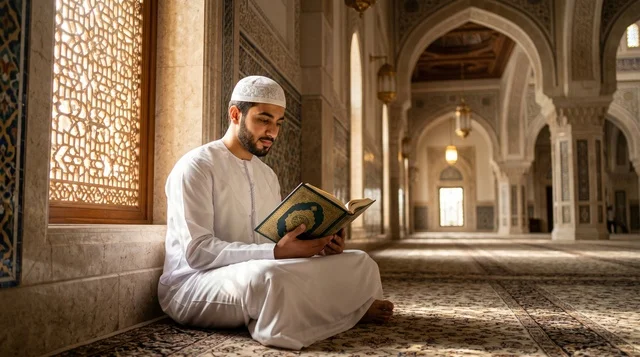 Muslim Man Reading Quran in Traditional Mosque