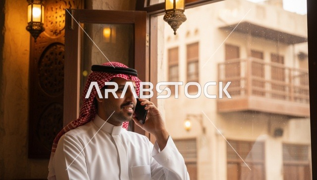 رجل سعودي بالثوب يتحدث بالهاتف في موقع تراثي