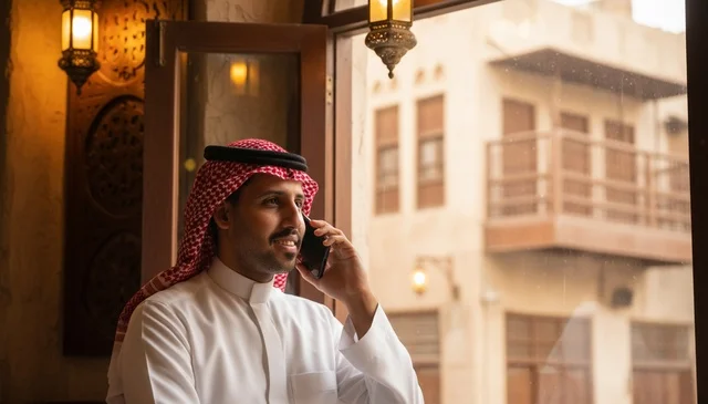 Saudi Man in Thobe Talking on Phone in Heritage Setting