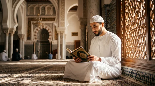 Muslim Man Reading Holy Quran Inside Mosque Interior