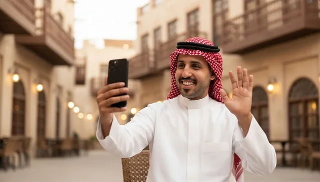 Saudi Man in Traditional Thobe Making Video Call