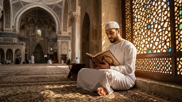 شاب مسلم يقرأ القرآن الكريم داخل المسجد