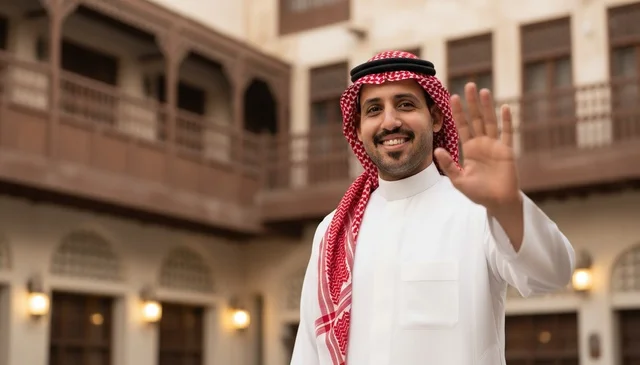 رجل سعودي بالزي التقليدي يرحب في موقع تراثي