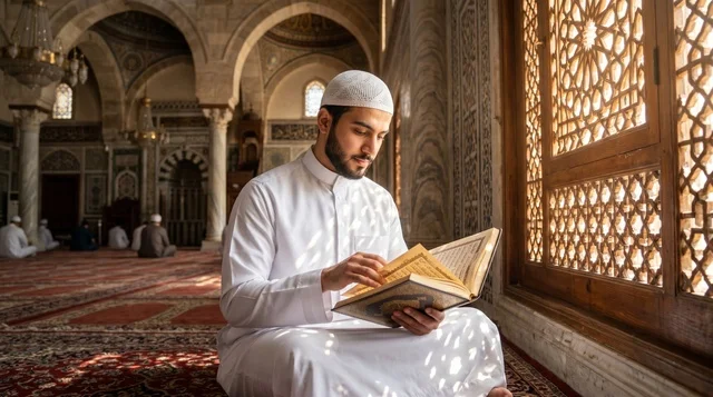 Muslim Man Reading Holy Quran in Traditional Mosque Interior