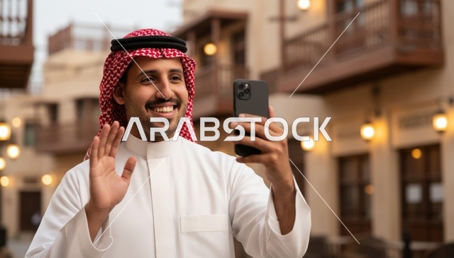 رجل سعودي بالثوب يجرى مكالمة فيديو في منطقة تراثية