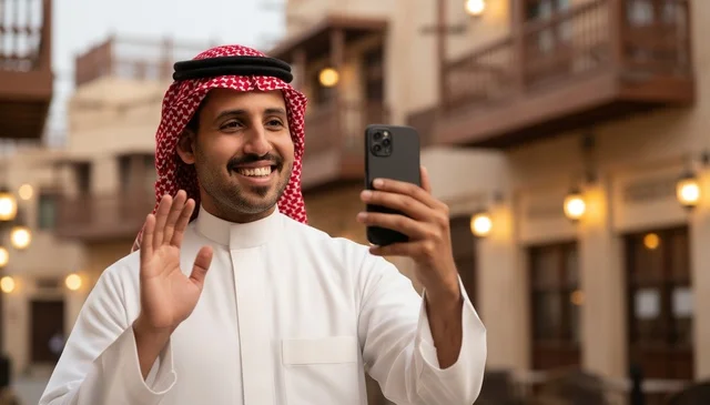 رجل سعودي بالثوب يجرى مكالمة فيديو في منطقة تراثية
