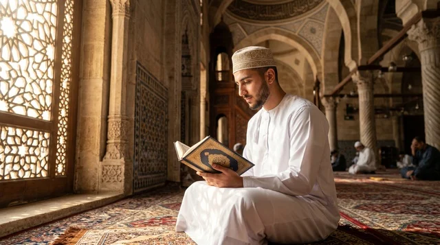 Muslim Man Reading Quran in Traditional Mosque