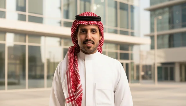 رجل سعودي بالزي التقليدي في منطقة أعمال حديثة