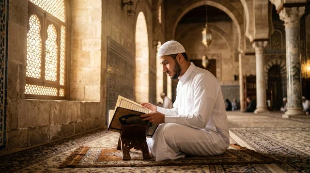 شاب مسلم يقرأ القرآن الكريم في المسجد القديم