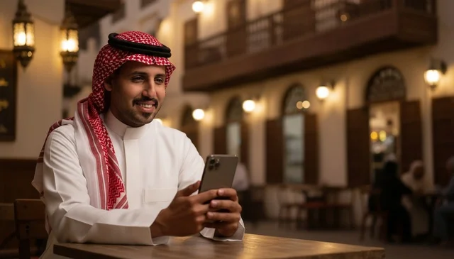 رجل سعودي باللباس التقليدي يستخدم الهاتف الذكي