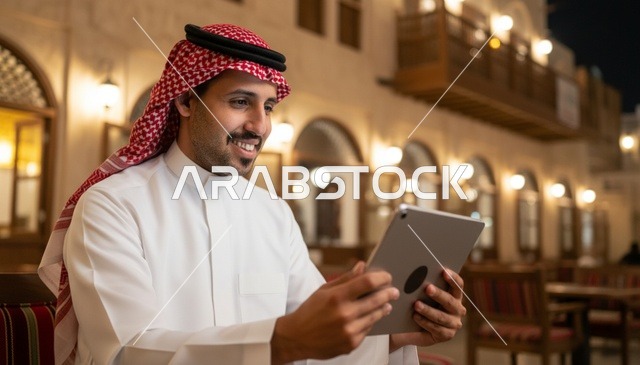 Saudi Man Using Tablet at Traditional Night Cafe