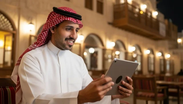 Saudi Man Using Tablet at Traditional Night Cafe