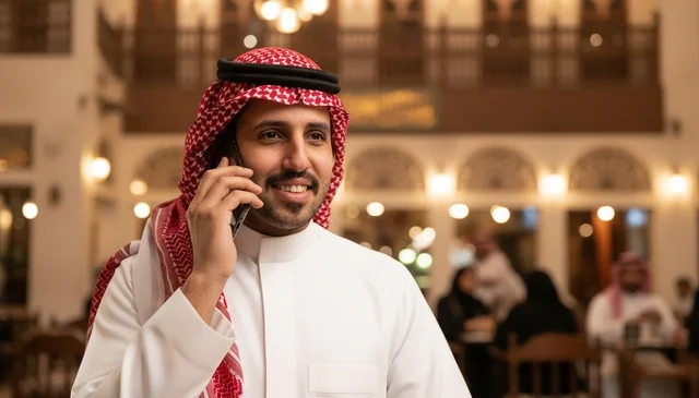 Saudi Man in Traditional Thobe Using Smartphone