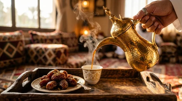 صب القهوة العربية السعودية التقليدية في مجلس