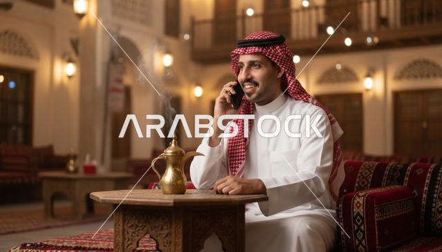 رجل سعودي يستخدم الهاتف الذكي في موقع تراثي
