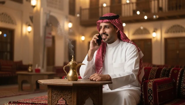 Saudi Man Using Smartphone in Traditional Heritage Site