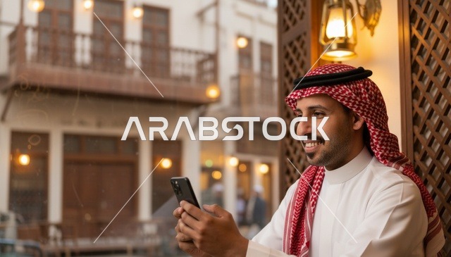 رجل سعودي يستخدم الهاتف الذكي في حي تراثي