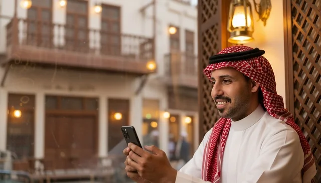 رجل سعودي يستخدم الهاتف الذكي في حي تراثي