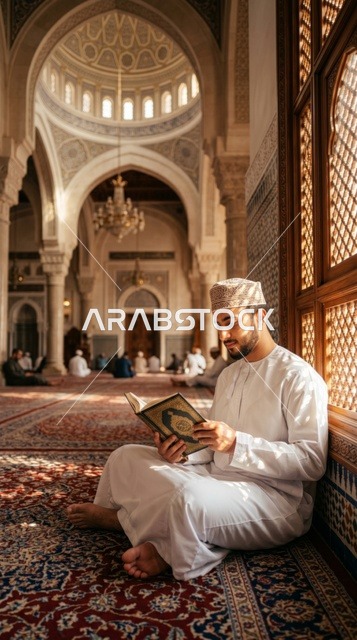 شاب مسلم يقرأ القرآن الكريم داخل المسجد