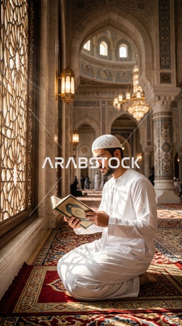شاب مسلم يقرأ القرآن الكريم بخشوع داخل المسجد