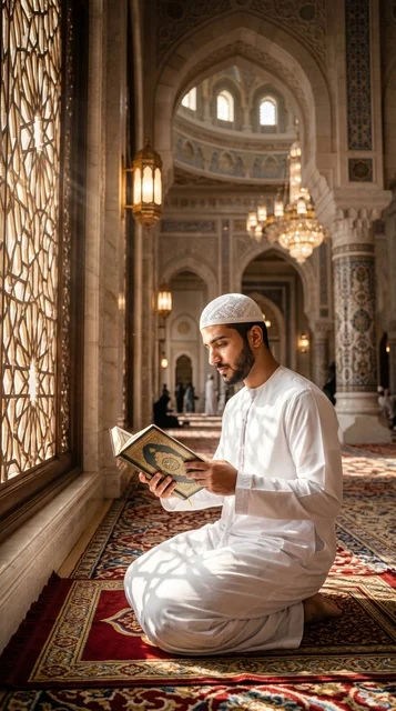 شاب مسلم يقرأ القرآن الكريم بخشوع داخل المسجد