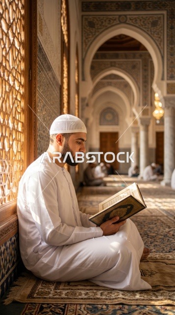 شاب مسلم يقرأ القرآن الكريم داخل المسجد التقليدي