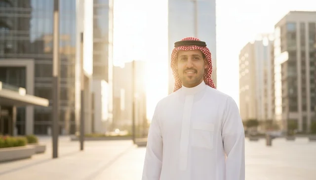 Saudi Man in Traditional Thobe at Sunset Urban Plaza