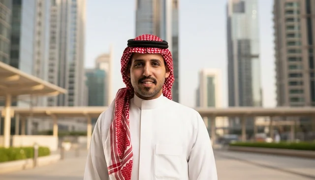 رجل سعودي بالزي التقليدي في خلفية مدينة حديثة