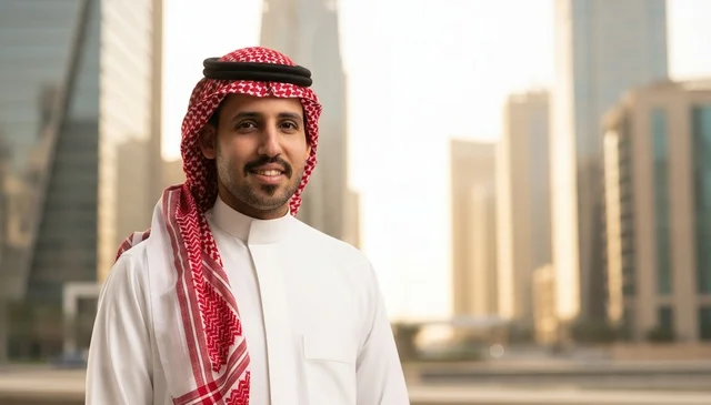 رجل سعودي بالزي التقليدي مع خلفية ناطحات سحاب