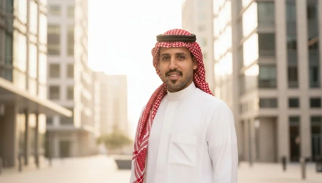 رجل سعودي بالزي التقليدي في حي الأعمال