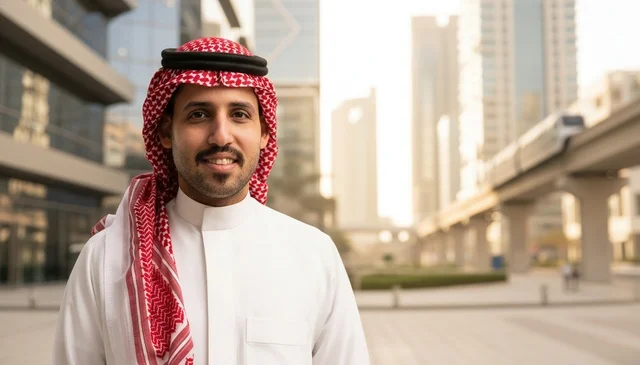 Saudi Man in Traditional Thobe in Modern City