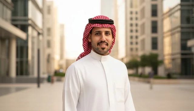رجل سعودي بالزي التقليدي في منطقة أعمال حضرية
