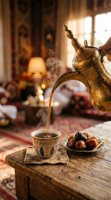 Traditional Saudi Arabic Coffee Pouring with Dates