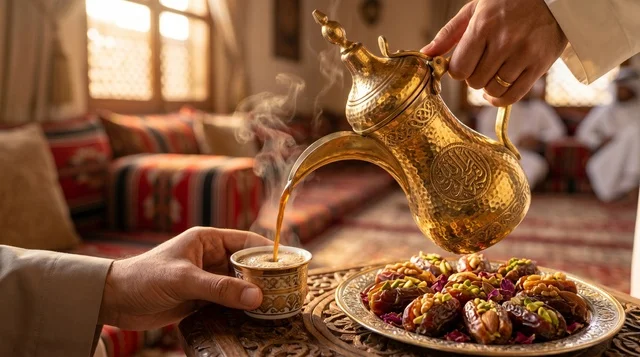 صب القهوة العربية السعودية التقليدية في مجلس أصيل