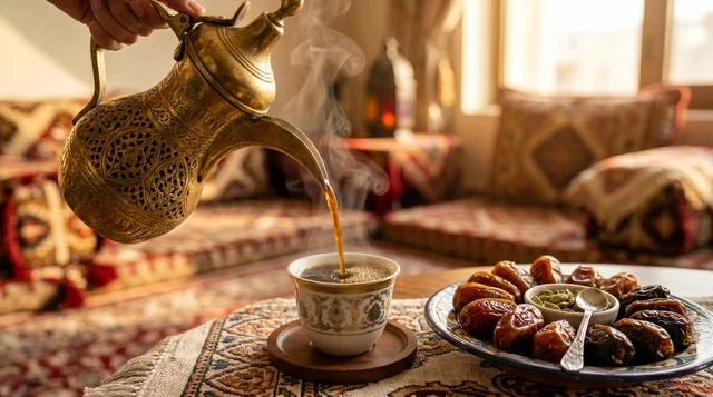 Traditional Saudi Coffee Pouring in Arabic Majlis